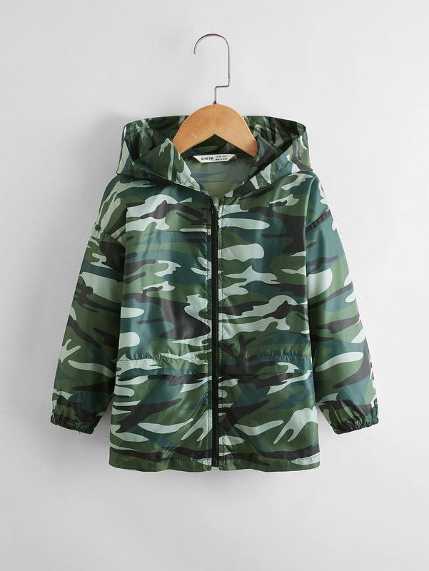 Toddler Boys Camo Print Zip Up Drop Shoulder Hooded Jacket SHE