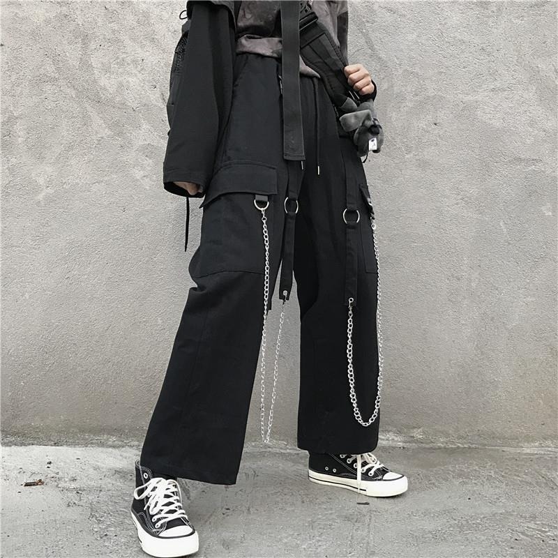 QWEEK Gothic Harajuku Cargo Pant Punk Chain Wide Leg Trousers Female Korean Style Oversized Streetwear Techwear Emo 220325