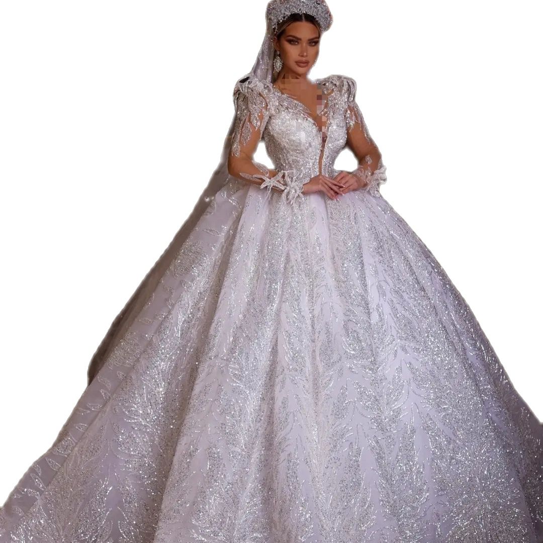 Luxury Dubai Wedding Dresses Ball Gown Sheer V Neck Beaded Floral Appliqued Lace Bridal Gown Gorgeous Vintage Robe de