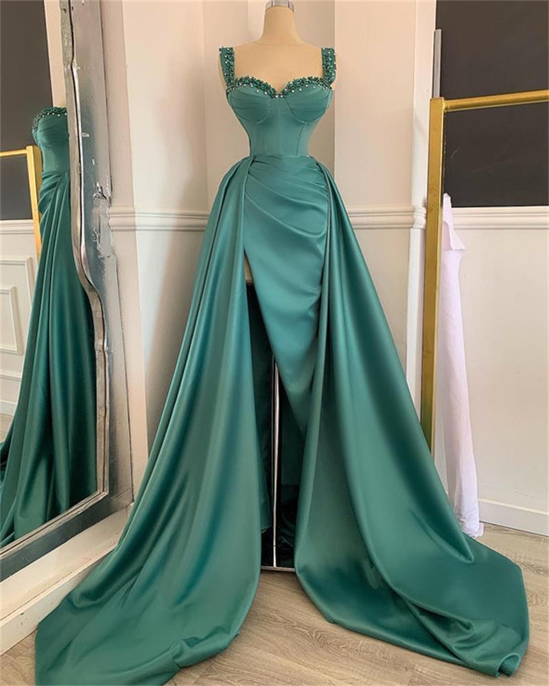 Sheath Sexy Turquoise Prom Dresses Sweetheart High Side Split Beaded Crystals Open Back Pleats Or Length Formal Party Gowns Evening Dress Custom Made