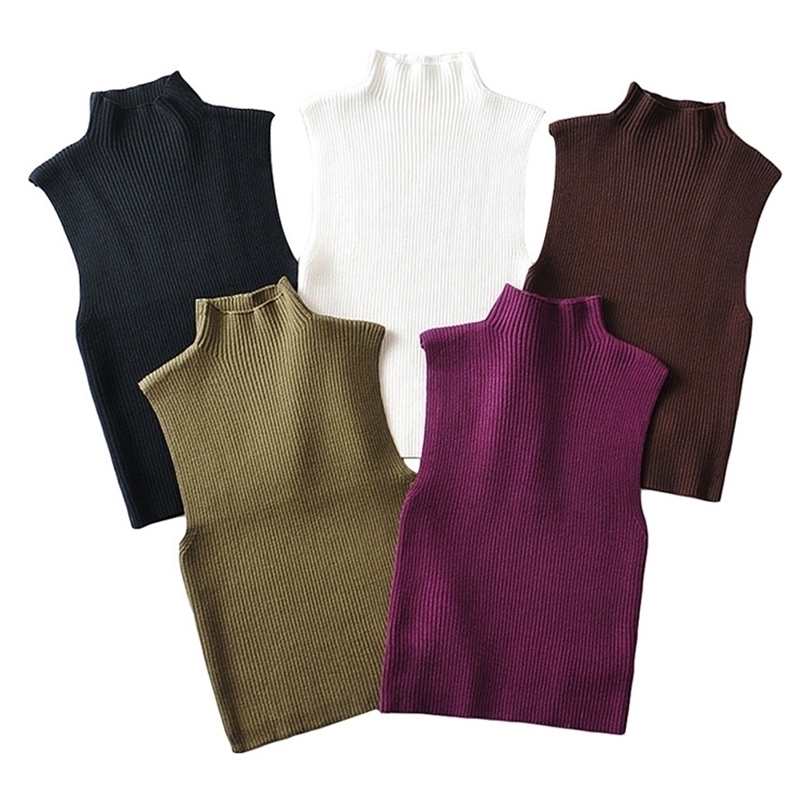 TRAF Women Fashion Fitted Basic Ribbed Knit Tank Tops Vintage High Neck Sleeveless Female Camis Chic Vest Top Mujer 220325