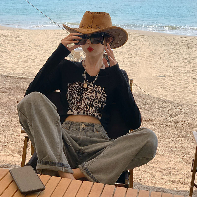 Y2K Long sleeved T shirt Letter Print Slim Tops Gray Autumn Sexy Harajuku V neck Tees fairy grunge Black White Cloth 220728