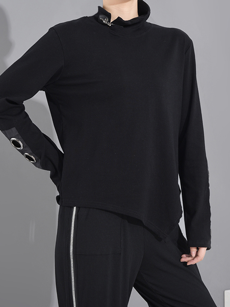 [EAM] Women Black Hollow Out Asymmetrical Split Joint T-shirt Stand Collar Long Sleeve Fashion Spring Autumn 1M87401 220328