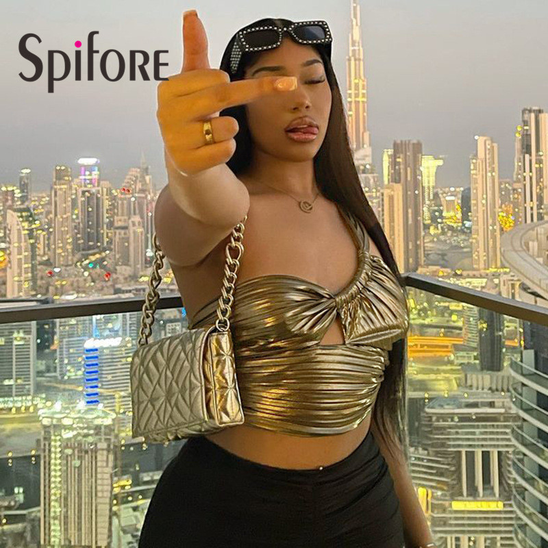 Spifore Summer Ruched Women Gold Crop Top Sexy One Shoulder Wrap Sheath Tank Fashion Party Clubwear Female Shirts 220325