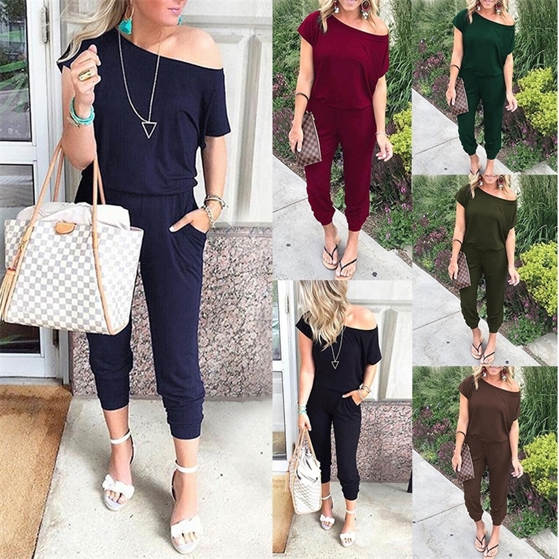 Spring summer jumpsuits women slash neck Bodysuits solid pockets jump suit new Beam feet streetwear ladies Bandage rompers T200509
