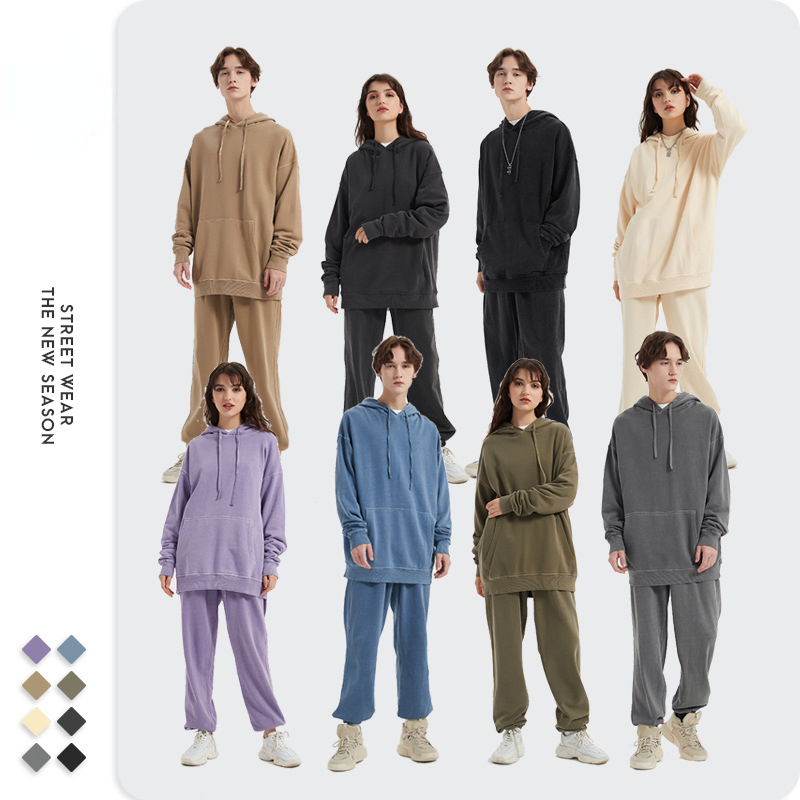 Autumn Street Men's 380g Batik Hooded Sweater Retro Fashion Harajuku Solid Color Cotton Couple Women Sweatpants Suit 220816wtt