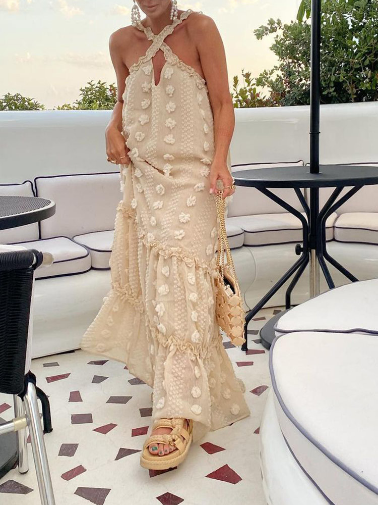 Sleeveless Halter Maxi Summer Dress For Women Fashion Ruffle Beach Long Robe Elegant Slip Holiday Hollow Out Sundress 220510