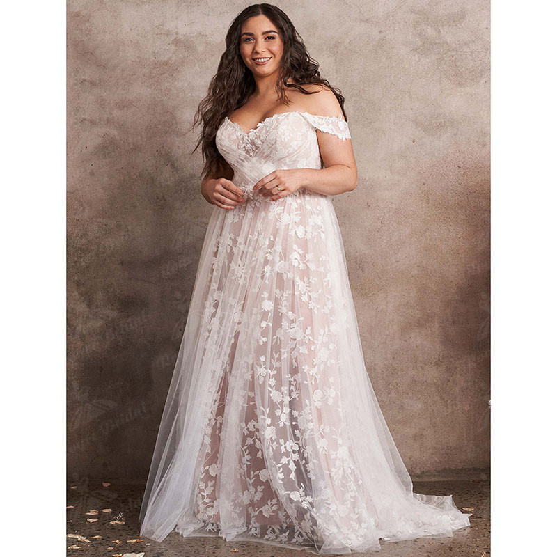 Plus Size Beach Wedding Dresses 2022 Full Lace Tulle vestido de novia Off Shoulder Bohemian Pleats V Neck Bridal Gown
