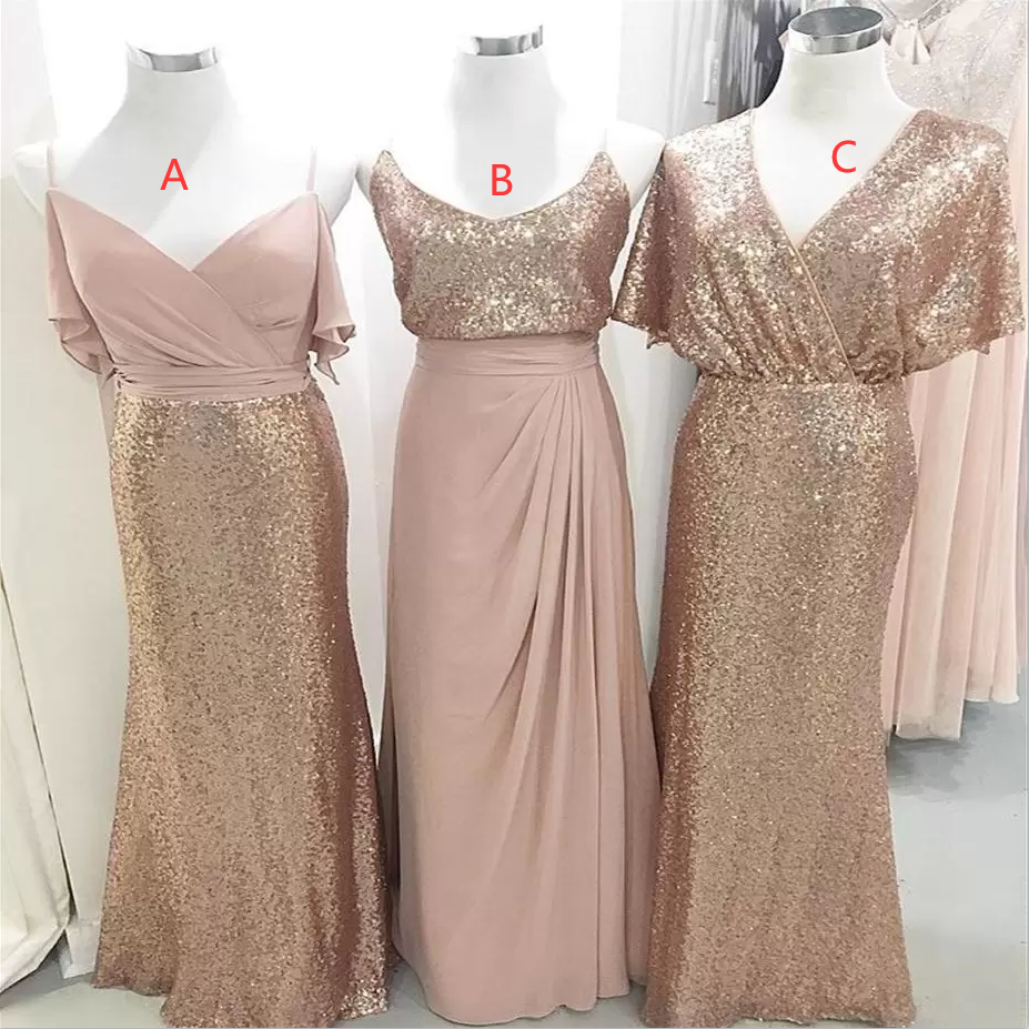 Sequins Rose Gold Bridesmaid Dresses Mermaid Spaghetti Straps V Neck Short Sleeves Custom Made Plus Size Maid of Honor Gown Country Wedding Party Wear