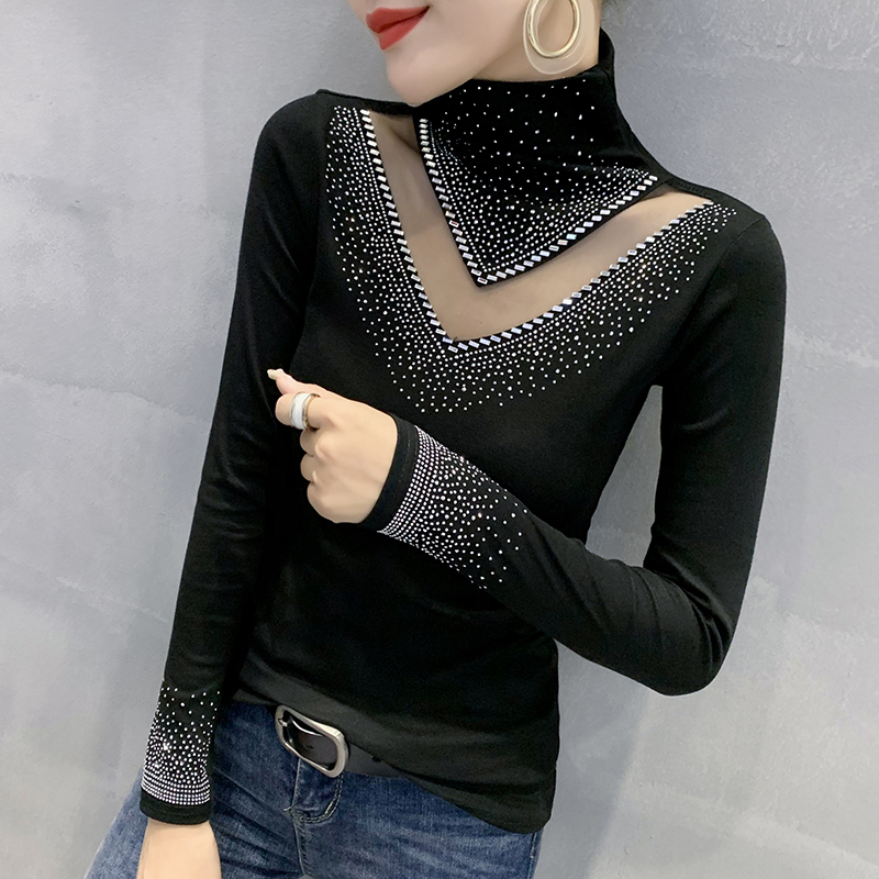 Spring Autumn Long Sleeve T-Shirt Fashion Casual Turtleneck Diamond Woman tshirts Elegant Slim Women's Tops Blusas 220321