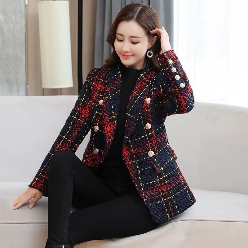 B790 Womens Suits & Blazers Premium New Style Top Quality Original Design Women's Classic Double-Breasted Metal Buckle Blazer Check Textured Plai