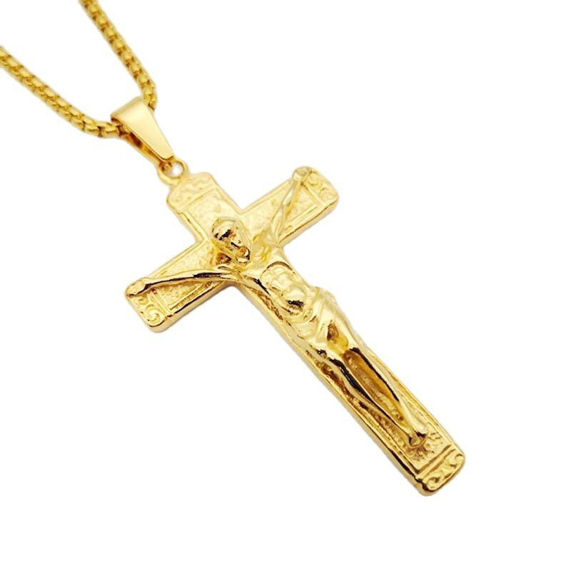 Pendant Necklaces Gold Color Cross INRI Crucifix Jesus & Necklace 316L Stainless Steel Men Women Christian JewelryPendant