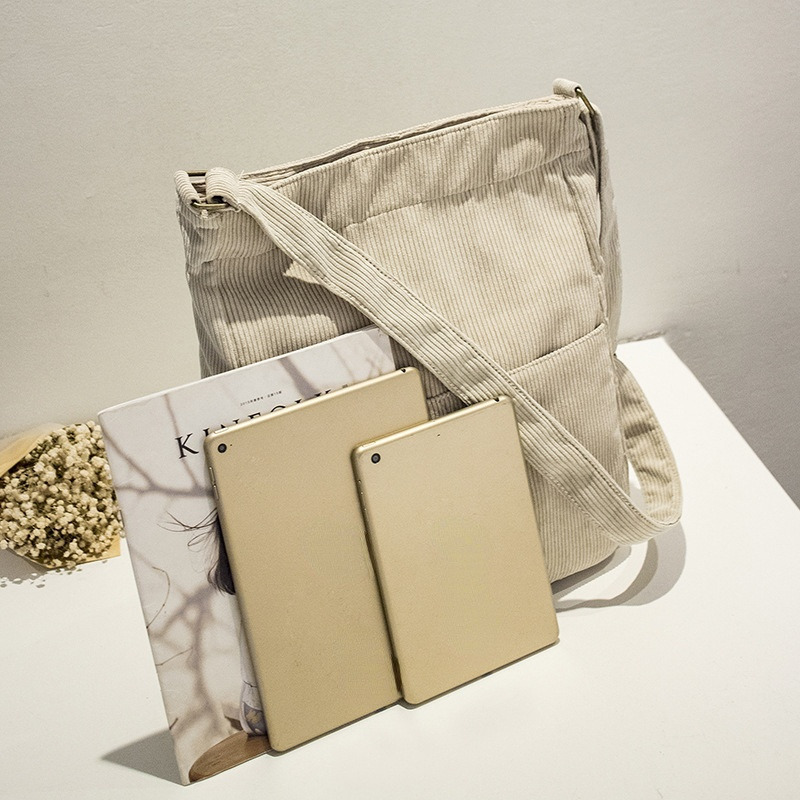 Women Stripe Corduroy Shoulder Bag Large Capacity Simple Vintage Canvas Female Solid Soft Cloth Handbag CX220325