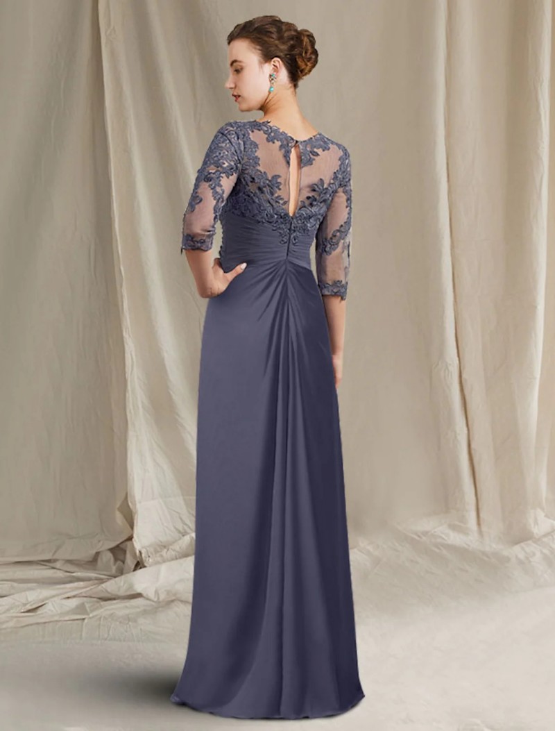 2025 Gray Vintage Purple Mother of Bride Dress Jewel Lace Appliques Half Sleeves Godmother Wedding Party Gowns