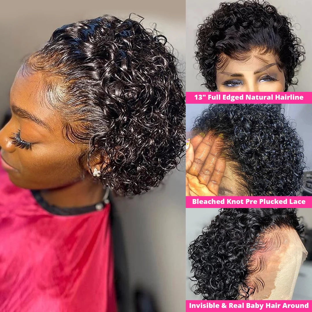 Short Curly Front Wig Brazilian Water Wave Human Hair Pixie Cut Transparent Lace Closure Wigs For Black Women