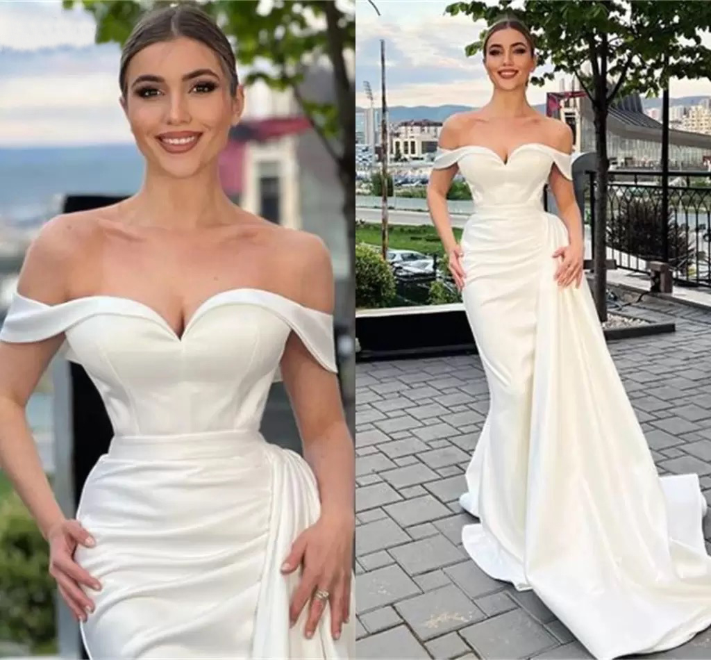 Sexy Off Shoulder Mermaid Wedding Gowns Elegant Satin Arabic Aso Ebi Vintage Boho Garden Bridal Dresses Sweep Train Peplum Vestidos De Novia Reception