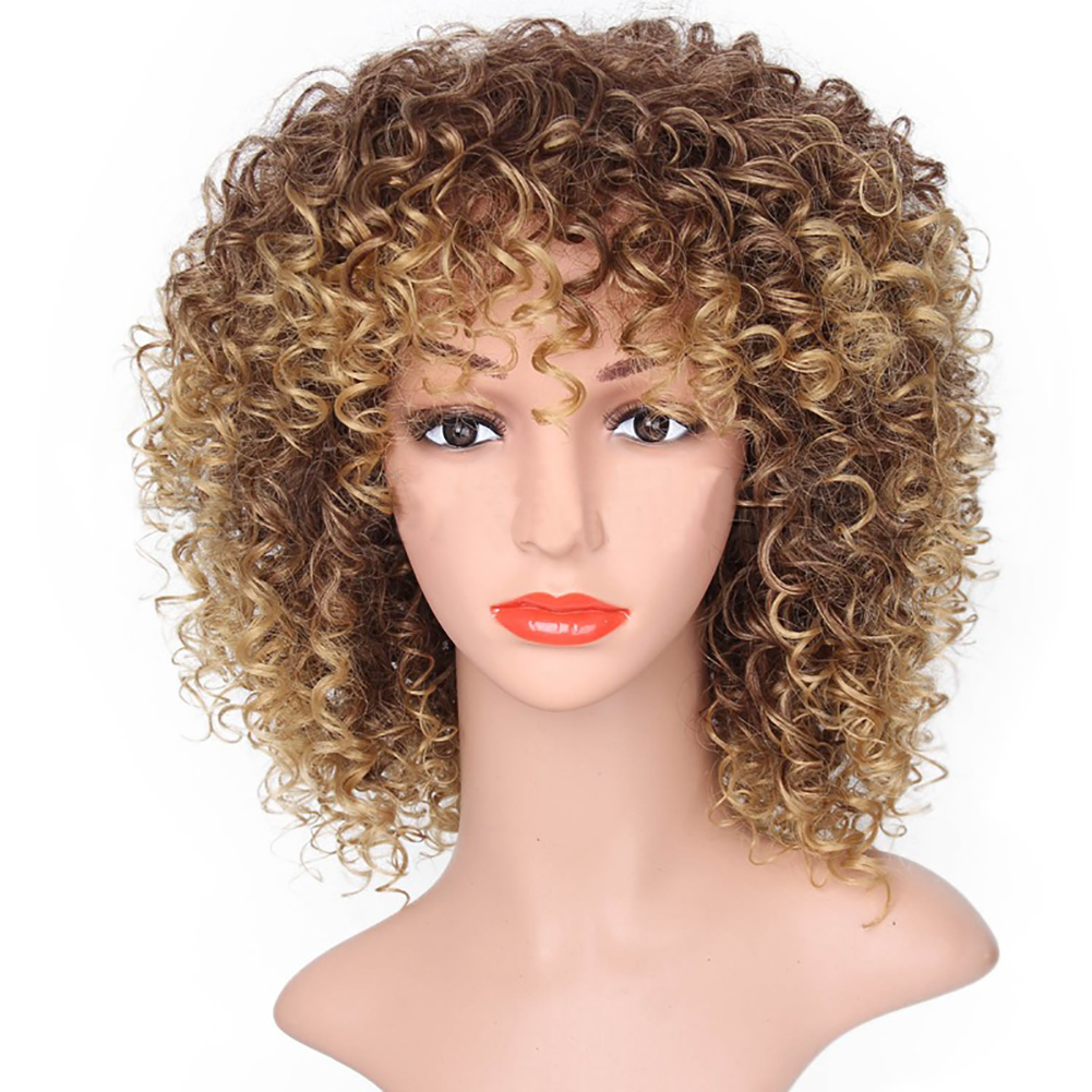 Fashion Afro Curly Blond Color Short Wave Wig for Women High Temperature Fiber wave wig Wine red /Blond black