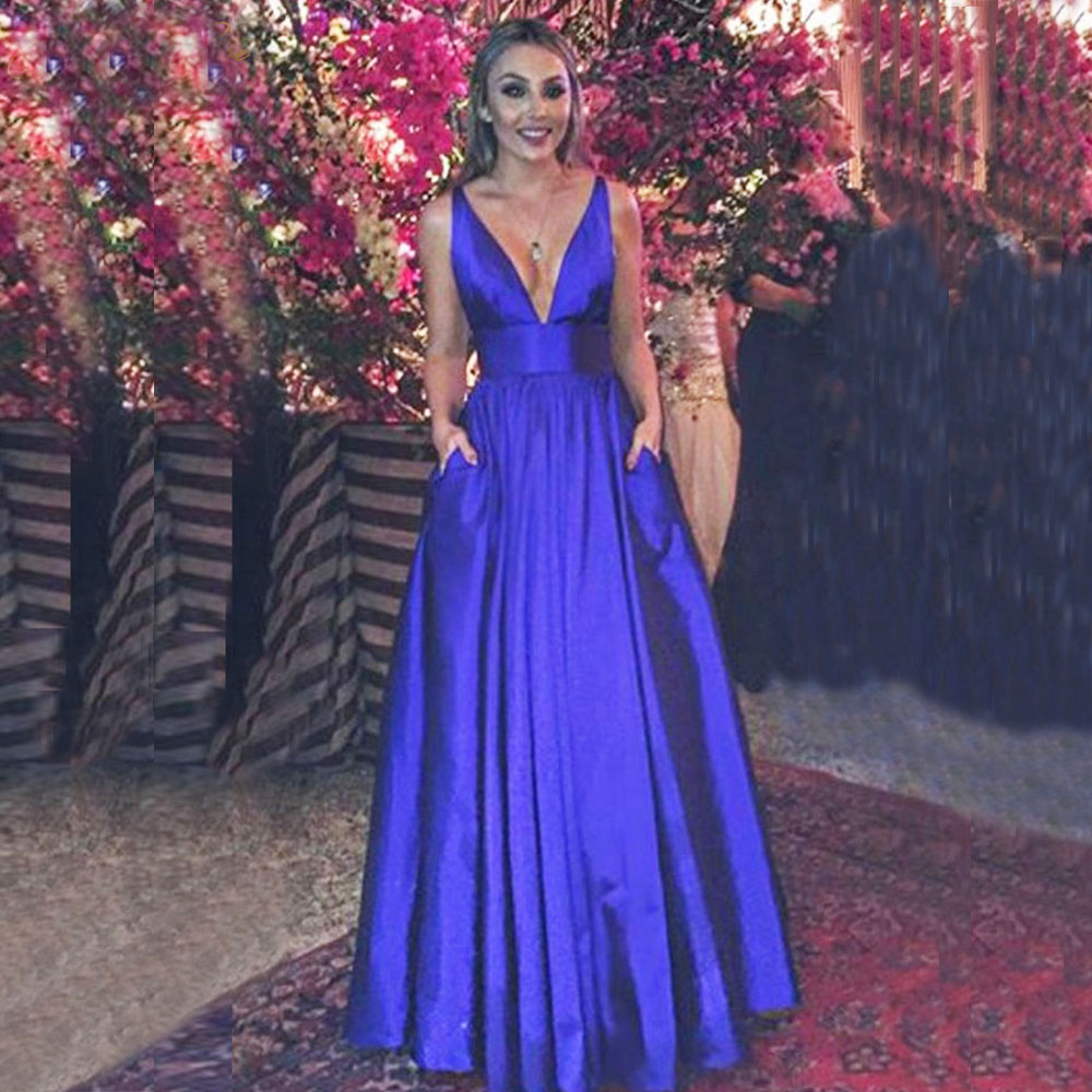 V Neck Prom Evening Dresses Vestido De Noiva Long Satin Prom Party Gowns With Pockets
