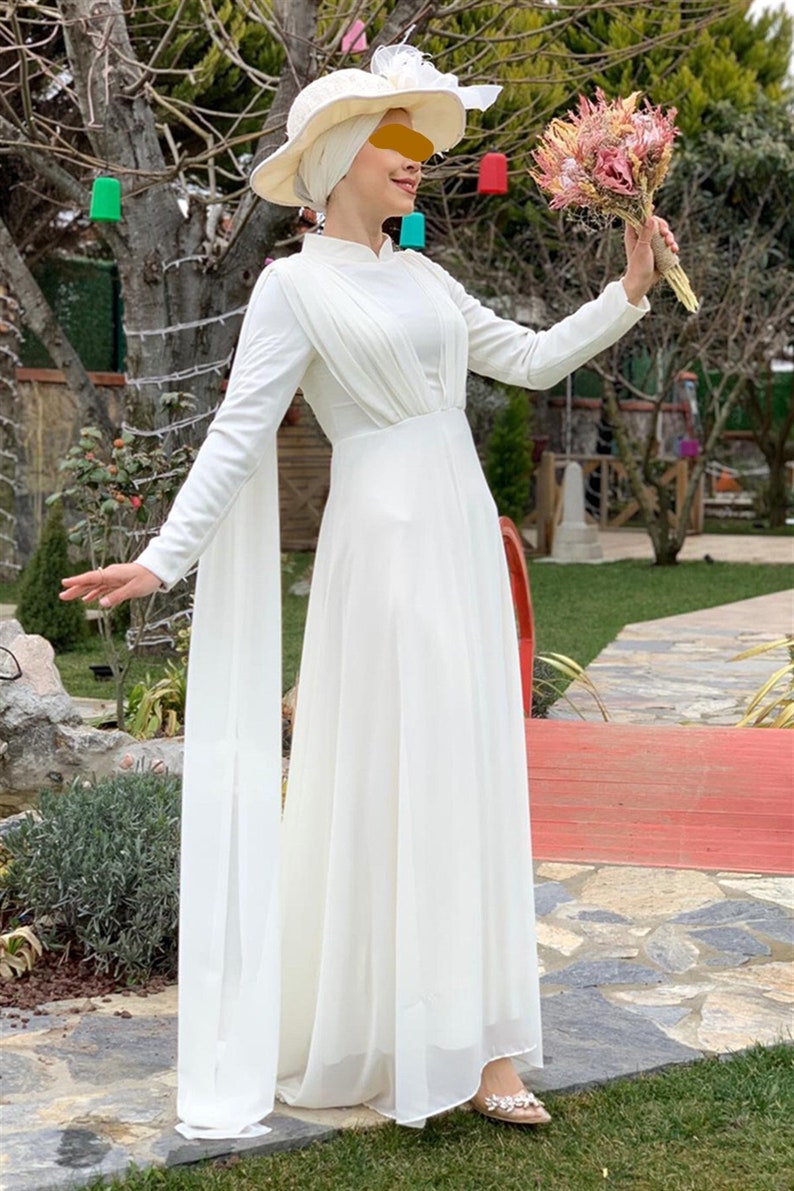 Elegant Arabic Muslim White Chiffon Evening Dresses 2022 Long Sleeve Ribbons A Line Simple Celebrity Party Gowns Floor Length Moroccan Kaftan Prom Wea