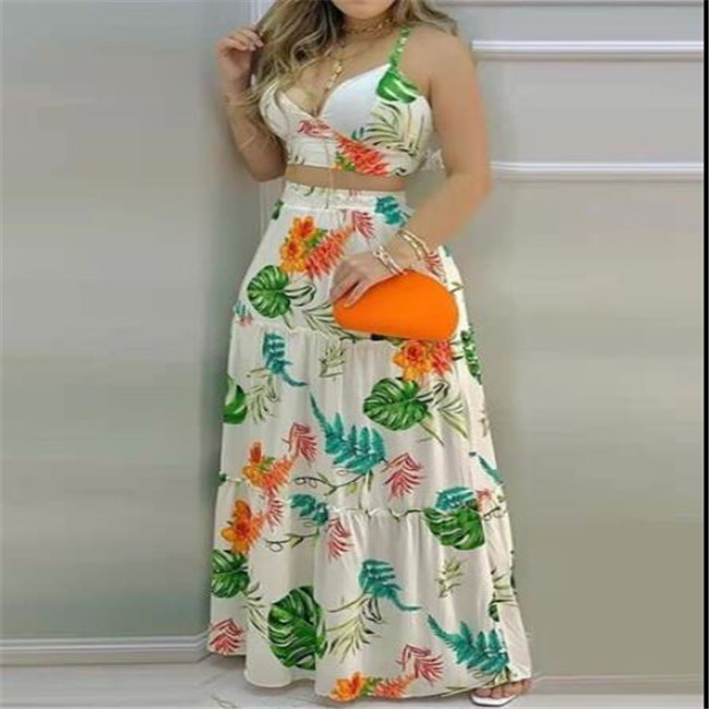Summer Colorful Printed Two Piece Dress Suspender Top & Long Skirt Beach Holiday Style V-Neck Lace Up Women 2 Peice Sets