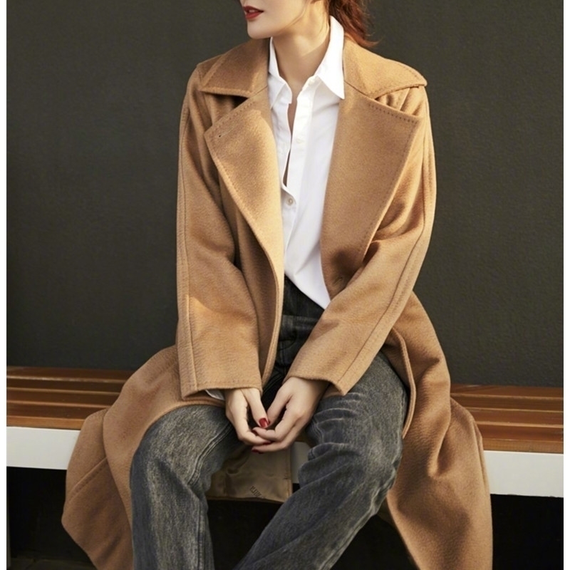 Highend womens jacket classic water ripple cashmere coat womens long section autumn winter cashmere coat fashion red jacket 201102