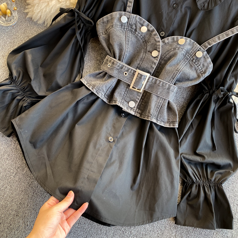 New fashion womens turn down collar puff long sleeve jeans vest patchwork solid color blouse shirt