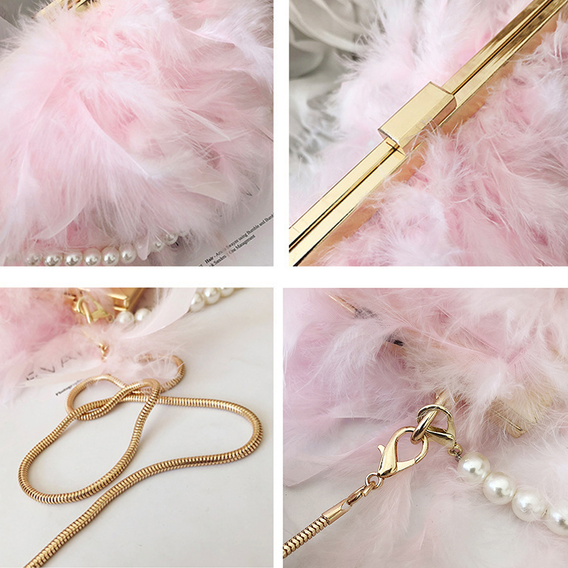 Free Shipping White Feather Handbag Womens Evening Clutch Exquisite Pearl Chain Wedding Bridal Shoulder Bag Party Banquet Tote Designer Bag Luxury Bag