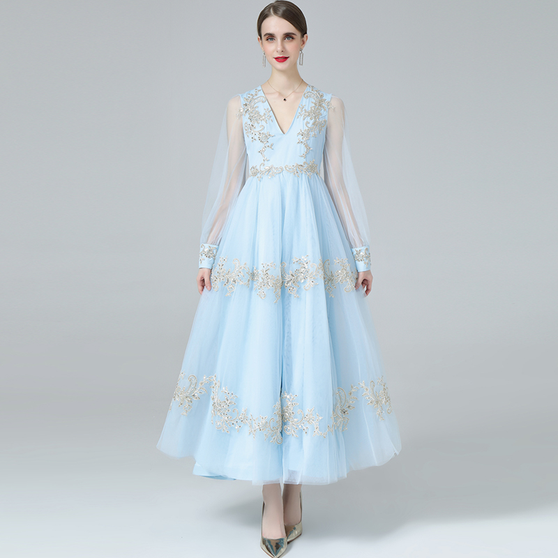 Women's Runway Dress Sexy V Neck Long Sleeves Embroidery Bodice Patchwork Layered Fashion Elegant Designer Party Prom Vestidos, Blue
Women's Runway Dress Sexy V Neck Long Sleeves Embroidery Bodice Patchwork Layered Fashion Elegant Designer Party Prom Vestidos, Blue