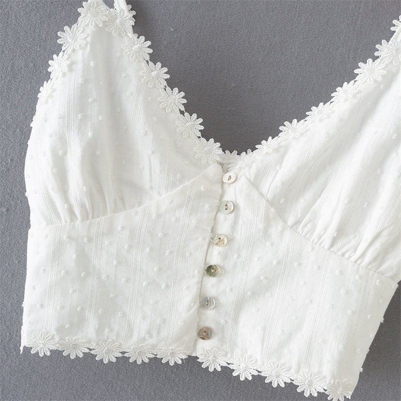 TRAF Women Fashion Summer Cotton Lace Buttons Sleeveless Solid Color Sling Top Streetwear 220325