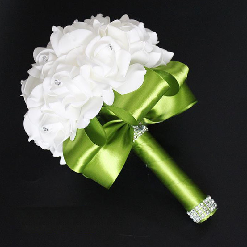 1Piece White Satin Romantic Wedding bouquet Cheap Bridesmaid Wedding Decoration Foam flowers Rose Bridal bouquet