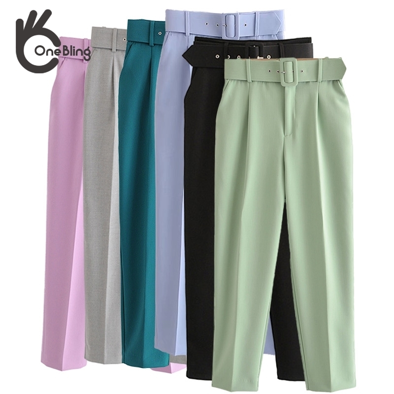 OneBling Women Suit Pants Traf Office Lady Straight Elegant Career Casual Female Ankle Trousers Chic Blazer With Belt 220325