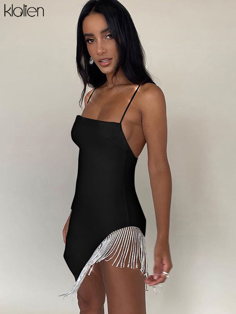 KLALIEN Tassel Sexy Solid Strapless Sleeveless Patchwork Bodycon Dress Summer Fashion Elegant Senior Club Party Mini Dress 220406