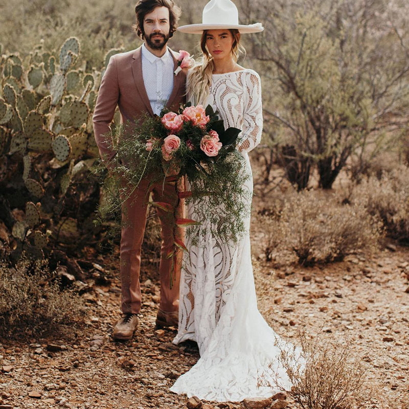 Long Sleeve Bohemian Mermaid Wedding Dresses Full Lace Backless Western Country Outdoor Farm Bridal dress vestido lorie