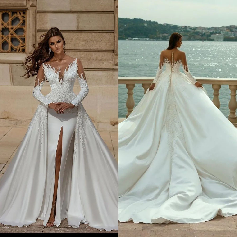 Glamorous Wedding Dresse V-Neck Long sleeve Sequins Ball Gown Beads Split Lace Wedding Dress Custom Made Pearl Vestidos De Novia Real picture