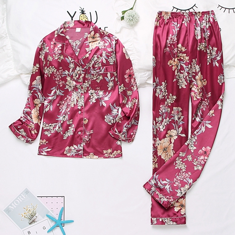Autumn Winter Print Pattern Women Pajama Set Satin Silk Turn-down Collar Pajamas Sleepwear Long Sleeve Trousers Two Paper Suit 220329