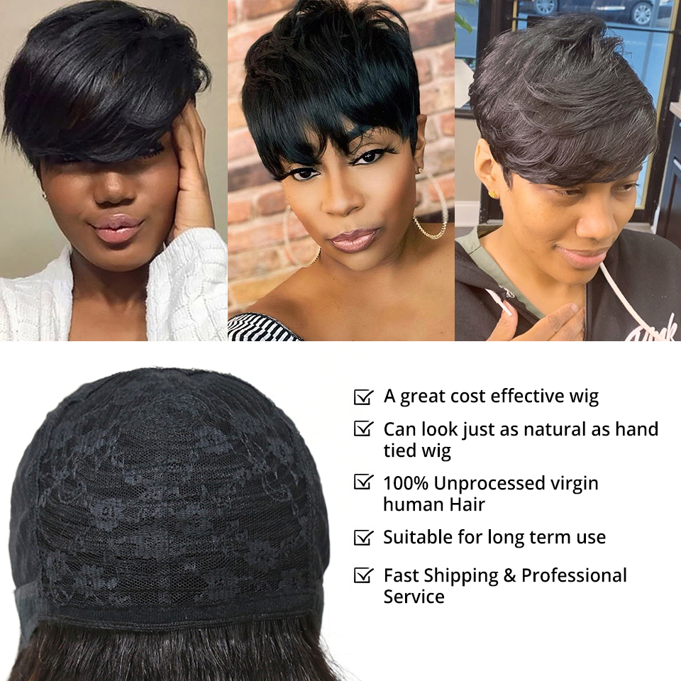 Burgundy Red Short Bob Straight Human Hair Wigs With Bangs Brazilian Virgin Pixie Cut Wig For Black Women