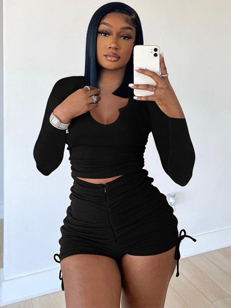 Women' Tracksuits Stunning Bandage Two Piece Lounge Sets For Women U Collar Long Sleeve Skinny T-shirts And Ruched Drawstring Short Sweatsu, Black
Women' Tracksuits Stunning Bandage Two Piece Lounge Sets For Women U Collar Long Sleeve Skinny T-shirts And Ruched Drawstring Short Sweatsu, Black