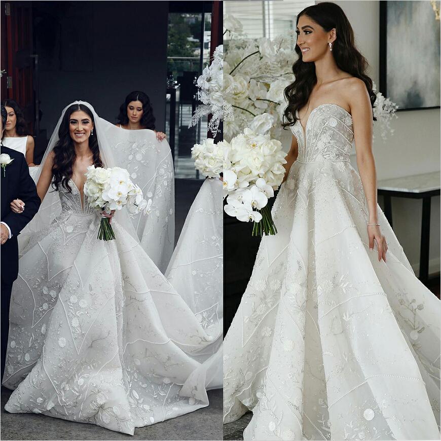 Gorgeous A Line Wedding Dress Sexy Sweetheart Neck Vestido De Noiva Princesa Pearls Lace Flowers Bridal Gowns