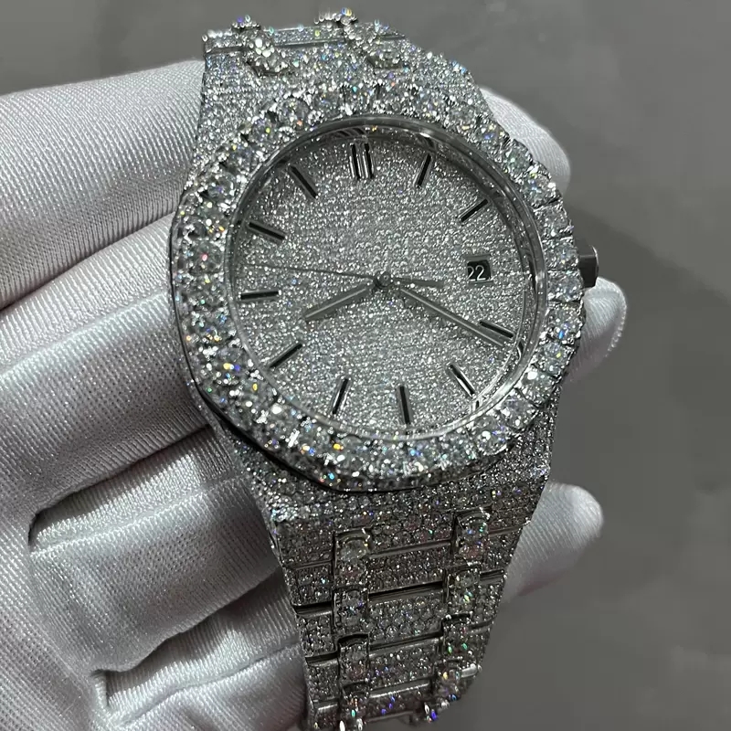 New Version VVS Moissanite mens watches Automatic Silver diamonds pass test Top quality ETA movement 904L stainless steel iced out sapphire watch waterproof, 0.8mm
New Version VVS Moissanite mens watches Automatic Silver diamonds pass test Top quality ETA movement 904L stainless steel iced out sapphire watch waterproof, 0.8mm