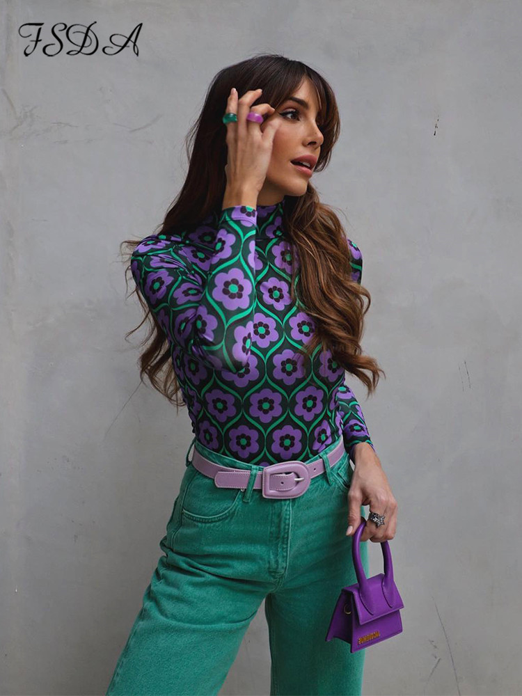 Long Sleeve Crop Top Women Floral Print Vintage Autumn Summer Casual 90s TShirts Sexy Fashion Turtleneck, Green 
Long Sleeve Crop Top Women Floral Print Vintage Autumn Summer Casual 90s TShirts Sexy Fashion Turtleneck, Green