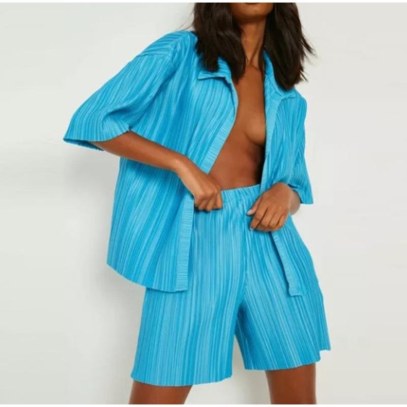 Women' Tracksuits Blue Black Pleated Women' Set Open Stitch Short Sleeve Shirt Blouse Top And Shorts Suit Two Piece Outfit TracksuitWo
Women' Tracksuits Blue Black Pleated Women' Set Open Stitch Short Sleeve Shirt Blouse Top And Shorts Suit Two Piece Outfit TracksuitWo