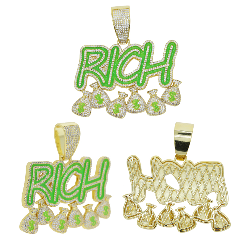Iced out punk style glowing letter Pendant paved full cubic zircon Rich $ dollar with long rope chain necklace for men lady boy hip hop jewelry wholes
