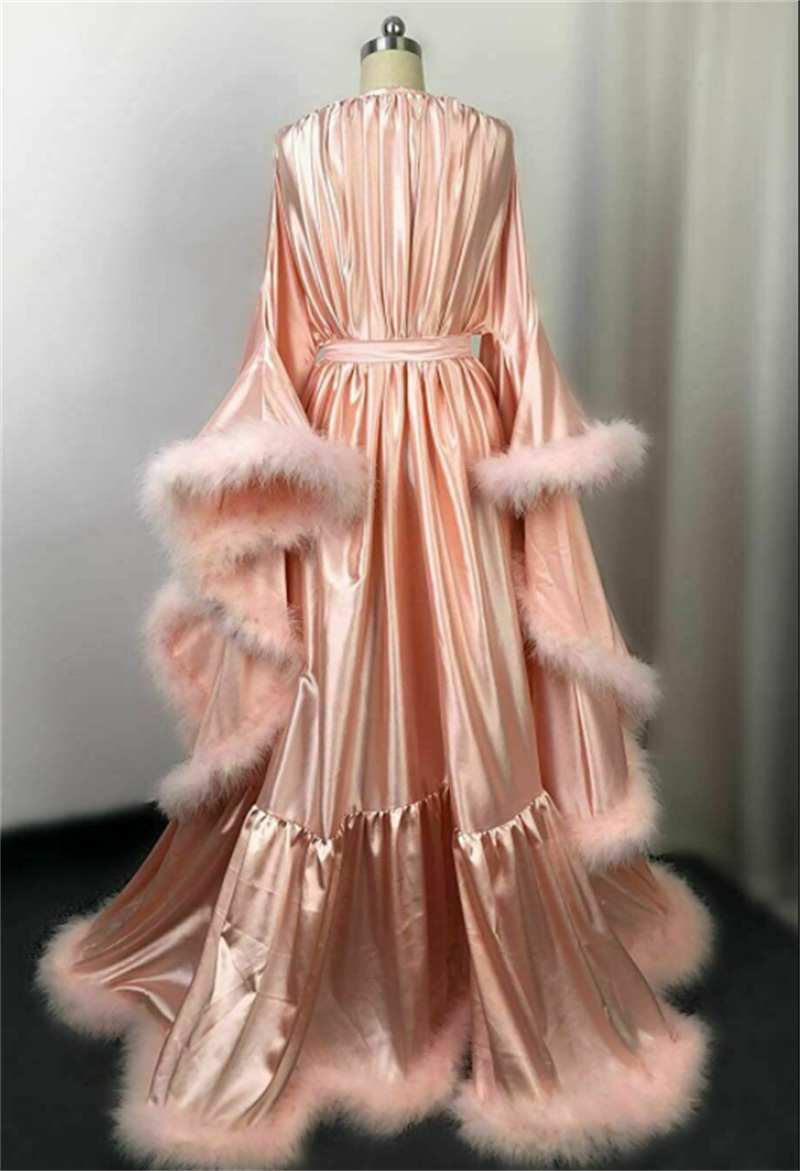 Silk Wedding Bathrobe Women's Feather Bath Gown With Button Long Sleeves Bridal Robe Wedding Nightgown