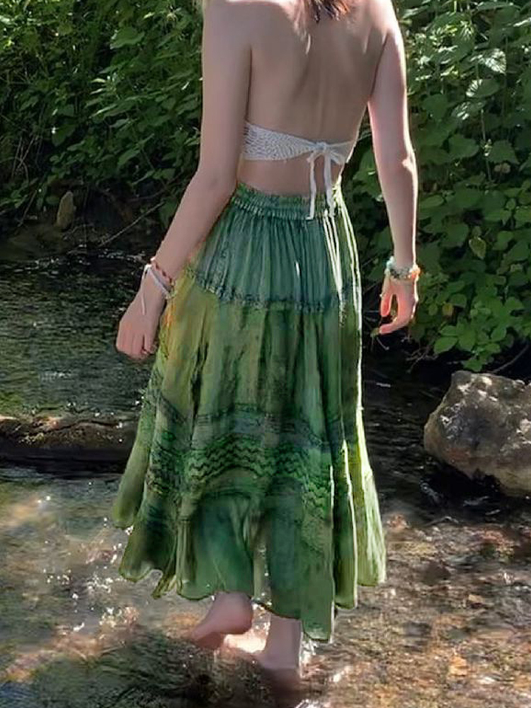 HEYounGIRL Vintage Green Women Long Skirt Aesthetic Graphic Print Hight Waist Cute Casual Midi Skirts Grunge Sweet Lady Outfits 220701