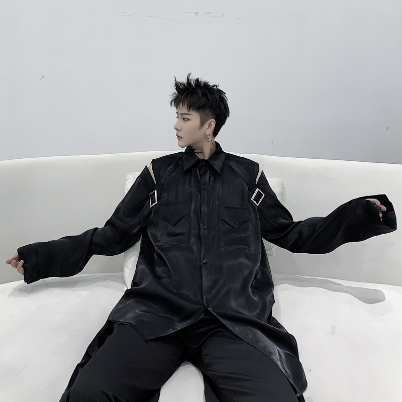 IEFB /men's wear Niche hollow strapless polarized shirt mercerized glitter loose high street Autumn tops 9Y1470 220322