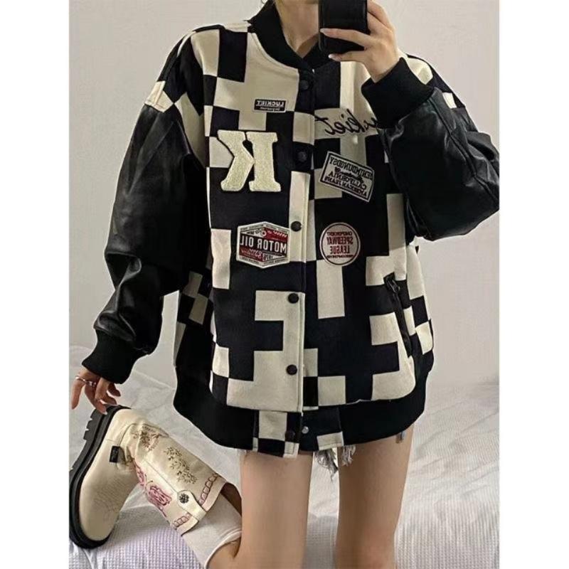 Women's Jackets National Tide Black And White Plaid Leather Sleeves Stitching Embroidery Hip-hop Long-sleeved Baseball Uniform Jacket WomenW
Women's Jackets National Tide Black And White Plaid Leather Sleeves Stitching Embroidery Hip-hop Long-sleeved Baseball Uniform Jacket WomenW