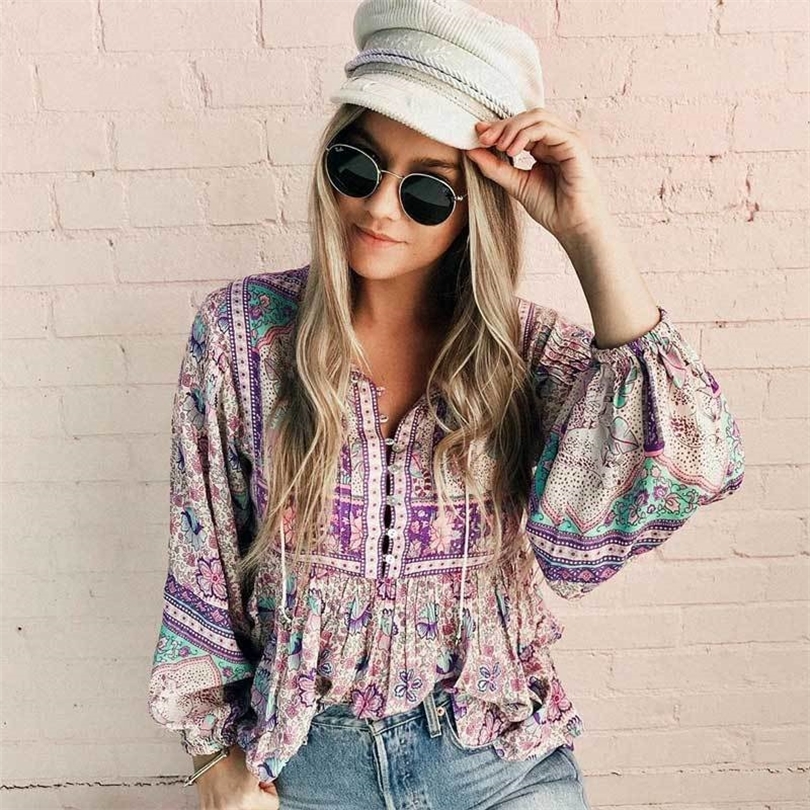 BOHO INSPRIED Boho blouse Floral print long sleeve Oneck Bohemia loose women tops casual chic 2020 Spring Summer blouse shirts T200321