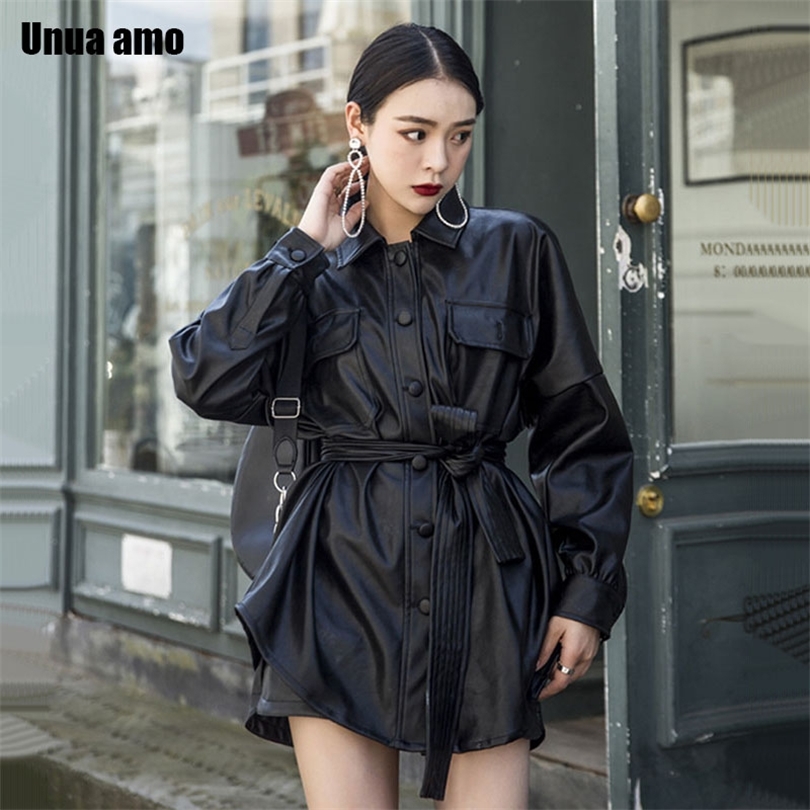 Unua amo PU Leather Sashes Jacket Women Black Punk Coat 2020 Loose Fit Elegant Fashion High Quality Faux Leather Jackets T200814