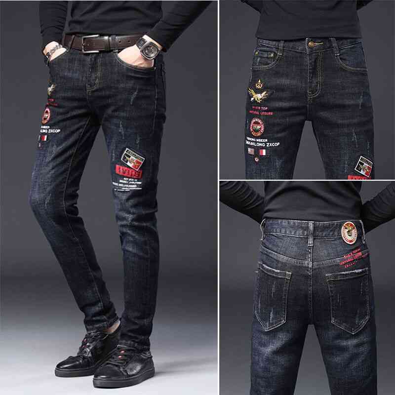 Wind embroidered jeans slim fit small feet Korean fashion brand men's personality badge youth trend casual pants, Dark blue 5802 pants
Wind embroidered jeans slim fit small feet Korean fashion brand men's personality badge youth trend casual pants, Dark blue 5802 pants