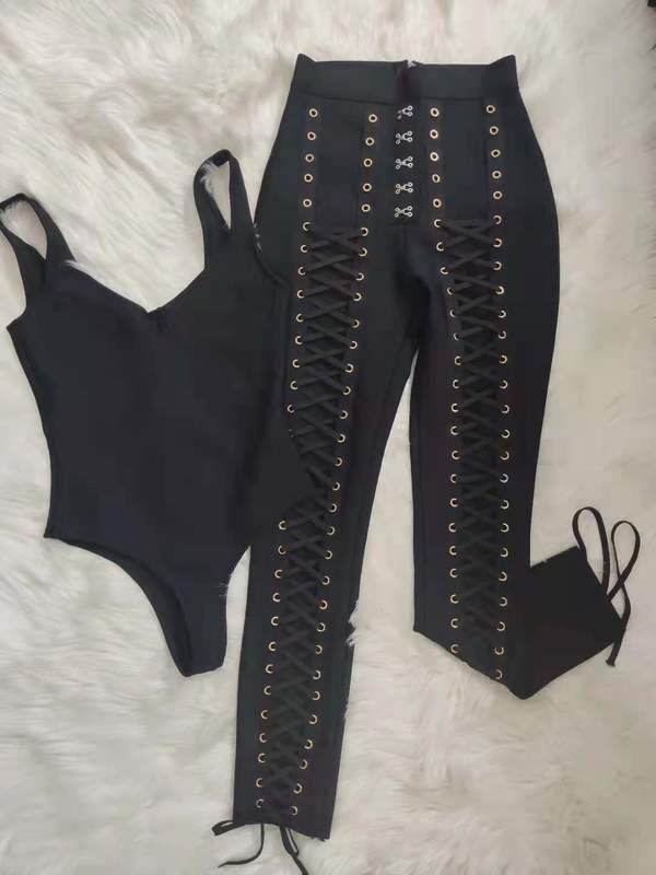 Women Top Quality Black White 2 Pieces Set Side Criss Cross Rayon Bandage Full Length Party Fashion 220315